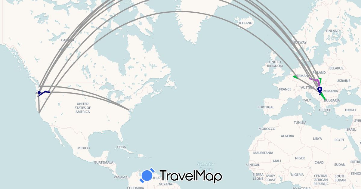 TravelMap itinerary: driving, bus, plane, train in Czech Republic, Germany, Hungary, Poland, Serbia, Slovakia, United States (Europe, North America)